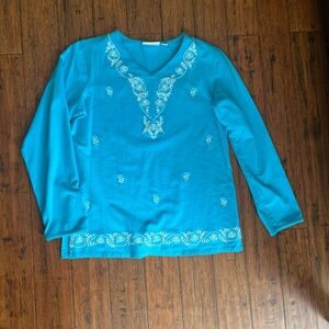 Denim&Co Turquoise Embroidered V-Neck Top